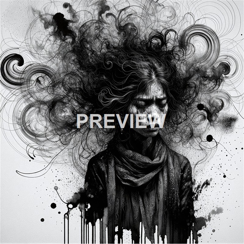 A black and white digital illustration of a woman with closed eyes, her hair depicted as swirling, chaotic lines and abstract patterns, with ink splatters and drips surrounding her.